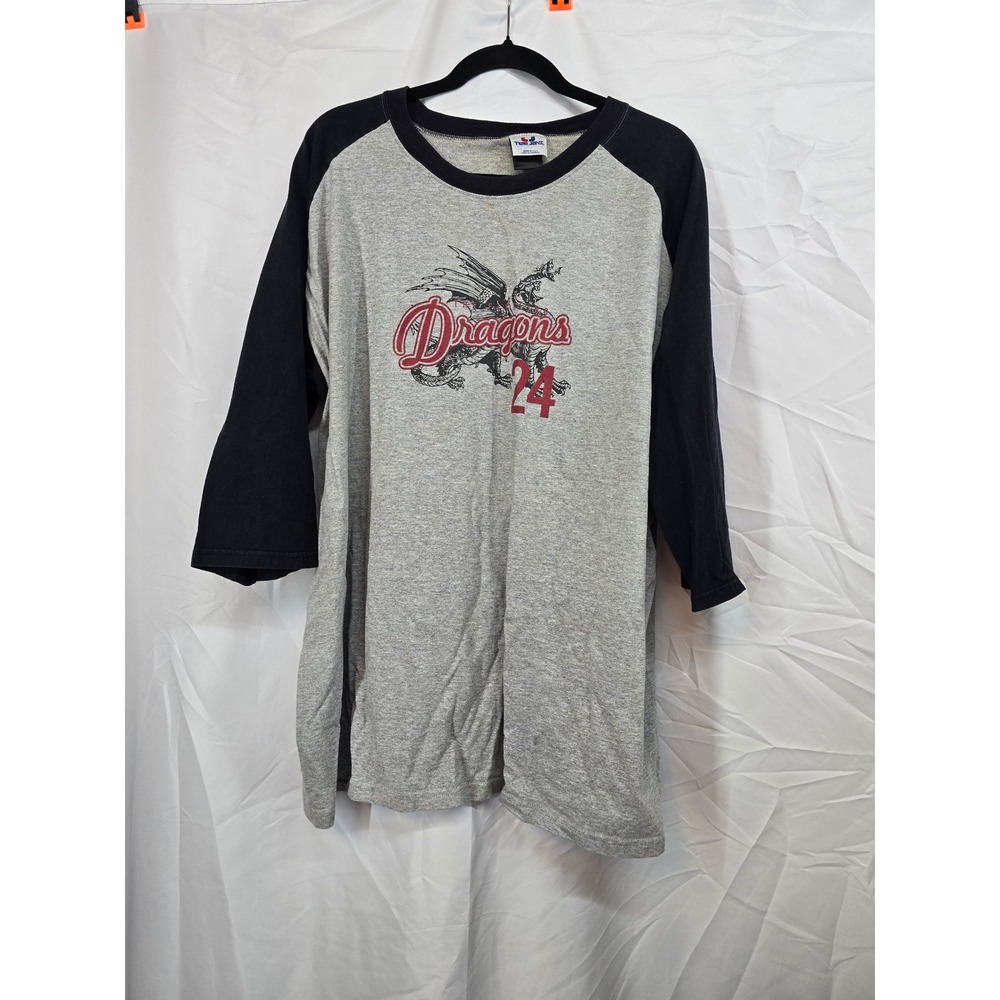 Vintage‎ Tee Jays Dragons 24 Baseball Shirt Raglan 3/4 Sleeve Gray Black XXL USA